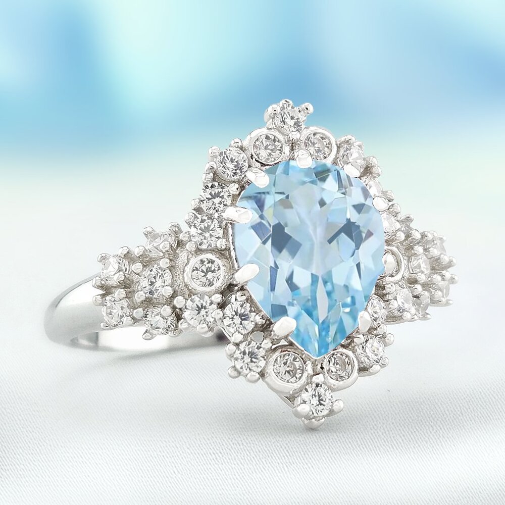 Pear Aquamarine Blue Gemstone Ring - 925 Sterling Silver Vintage Charmed Aroma